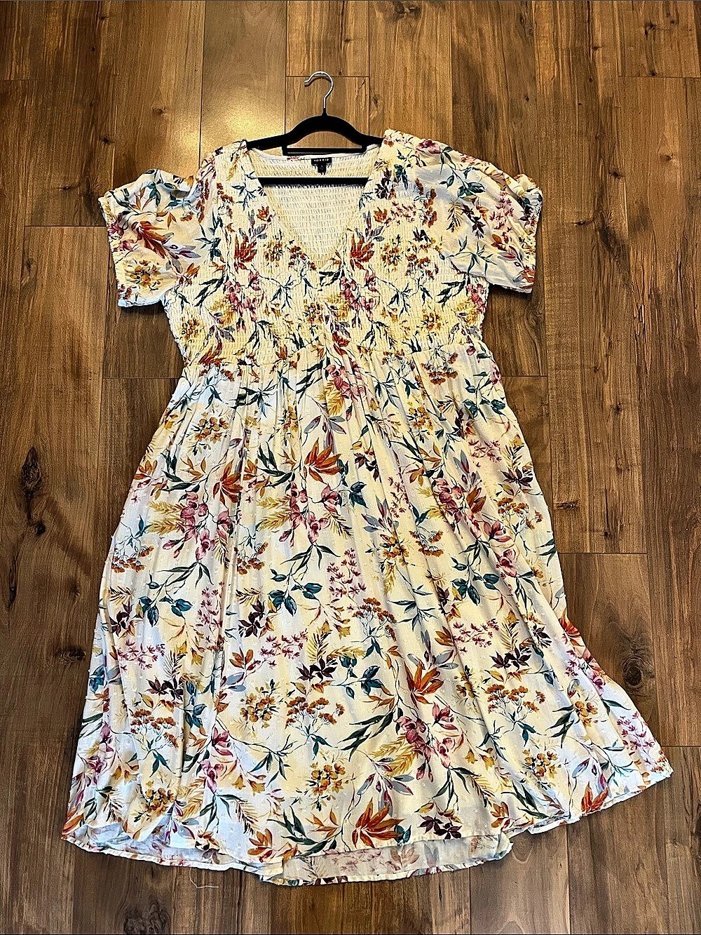 TORRID Swiss Dot Smocked Floral Midi Dress in Cream & Multicolor